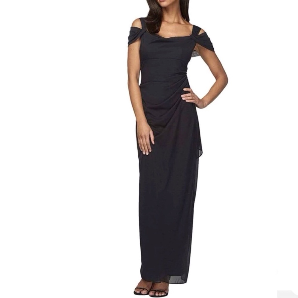 Alex Evenings Black Off Shoulder Drape Bodice Chiffon Cocktail Gown Size 8